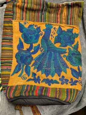 Hand-Embroidered Yellow Tote with Blue & Teal Floral Bird Design